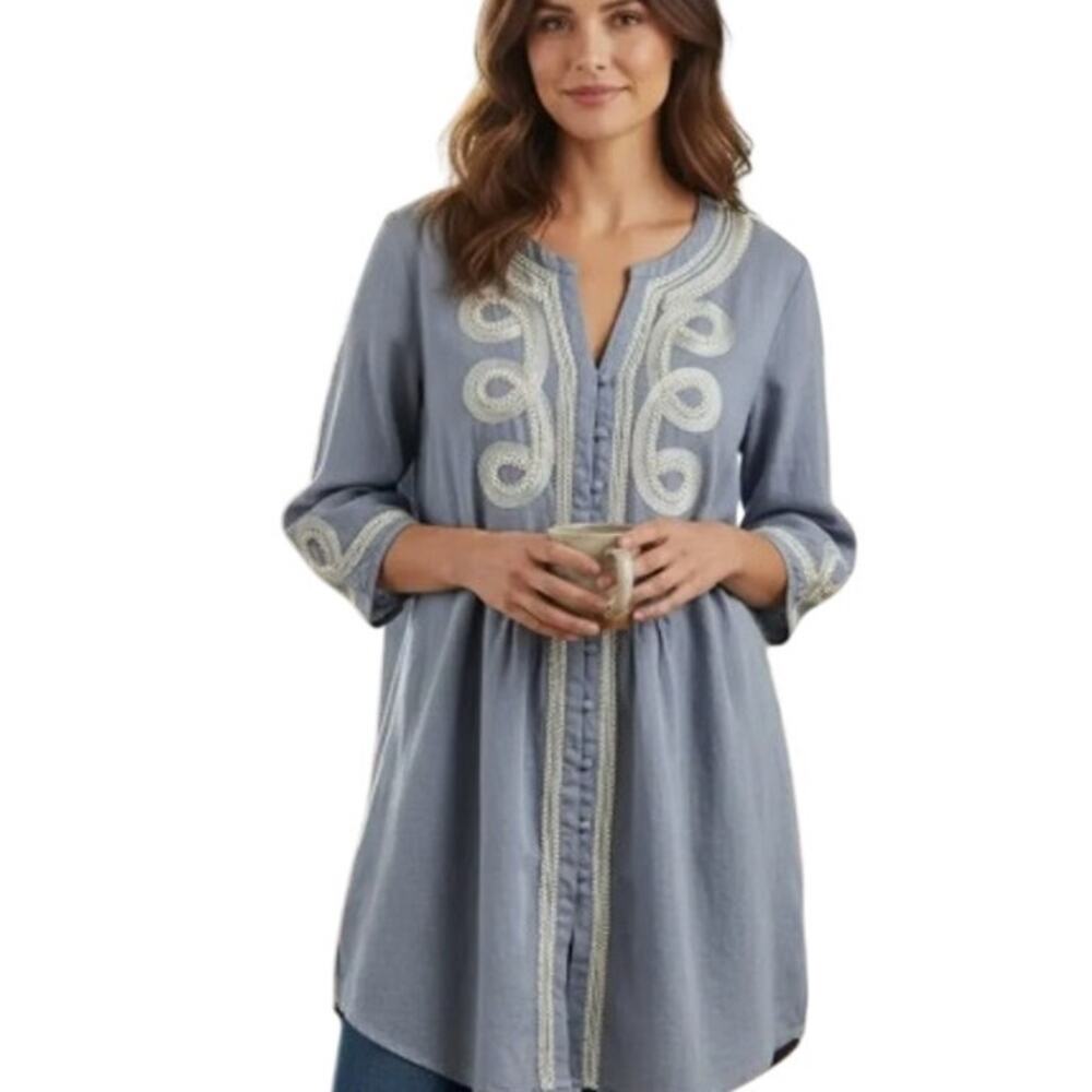 Avenue Soutache Top Womens Size 14-16 Blue Gray & Cream Boho Button Blouse